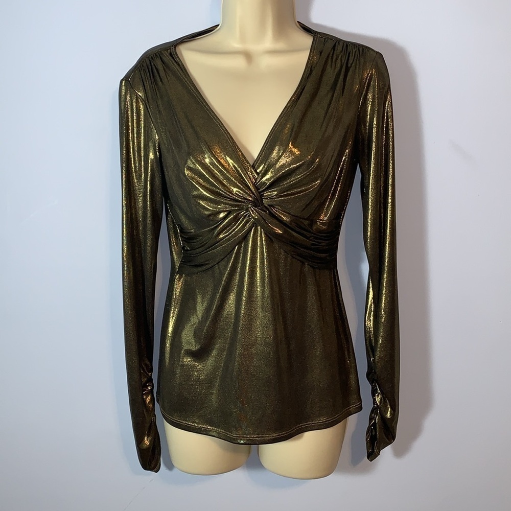 Cache liquid gold bronze twist knot front long sleeve metallic vneck blouse SML